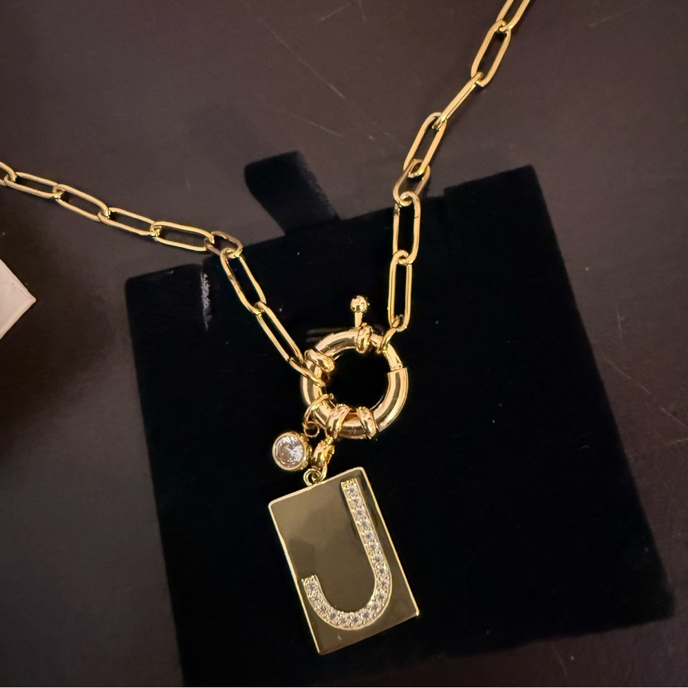 Mint and Lily Pave Initial Pendant Necklace with Paperclip Chain- Initial J - Picture 2 of 2